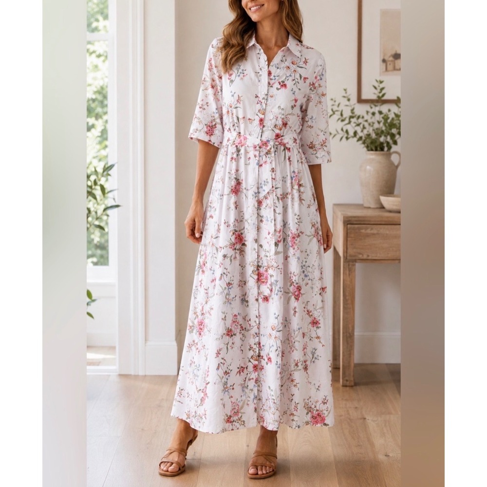 Hermoza Francesca Dress Women Medium White Meadow Floral Cotton Midi Belted